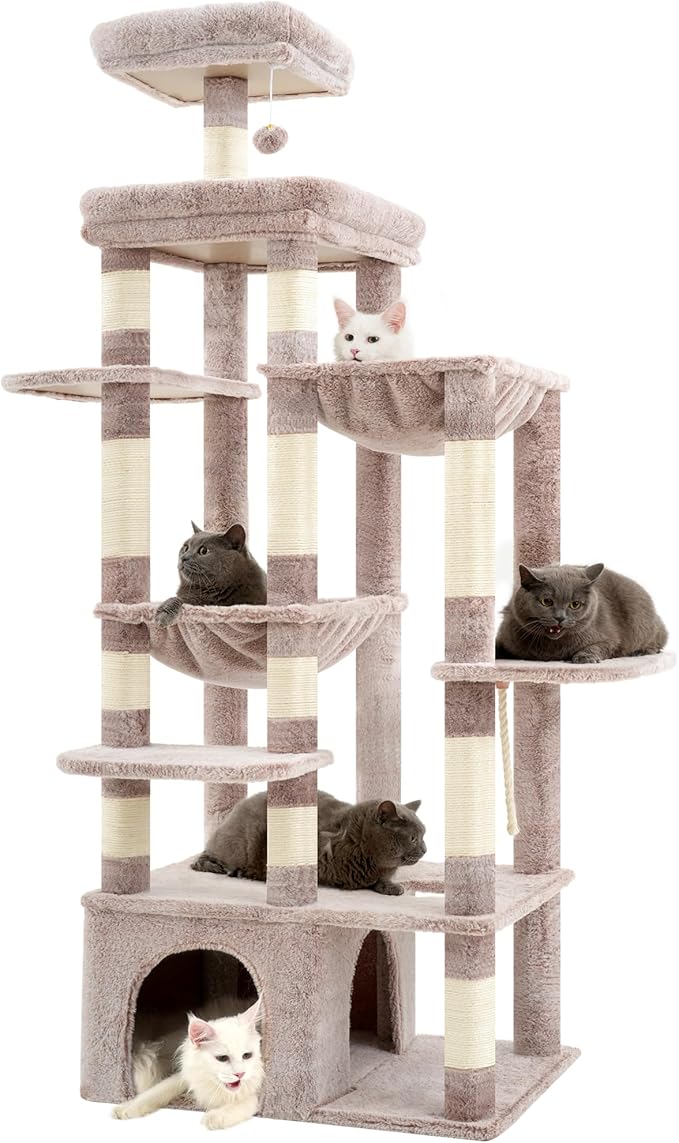 Heybly Cat Tree, 71-Inch Tall Cat Tower for Large Maine Coon Cats with Extra-Large Baseboard, Cat Condo Furniture with Multi-Level Platforms, 2 Hammocks and 12 Scratching Posts, Muchroom HCT037MU