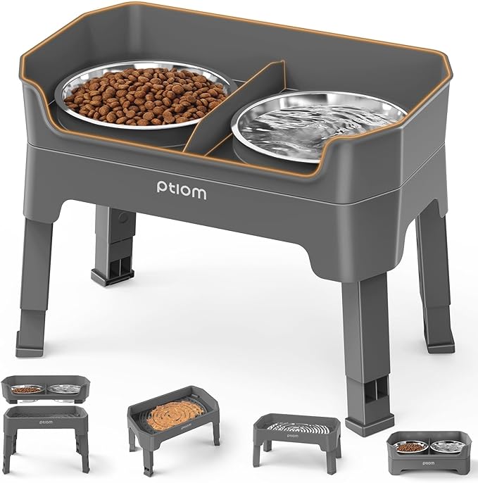 KPWACD 3-in-1 Elevated Dog Bowls Mess Proof Raised Slow Feeder Dog Bowls, 4 Height Adjustable Stand Licking Plate with 2 56oz Stainless Steel Doggy Food Dish for Small Medium Large Pets