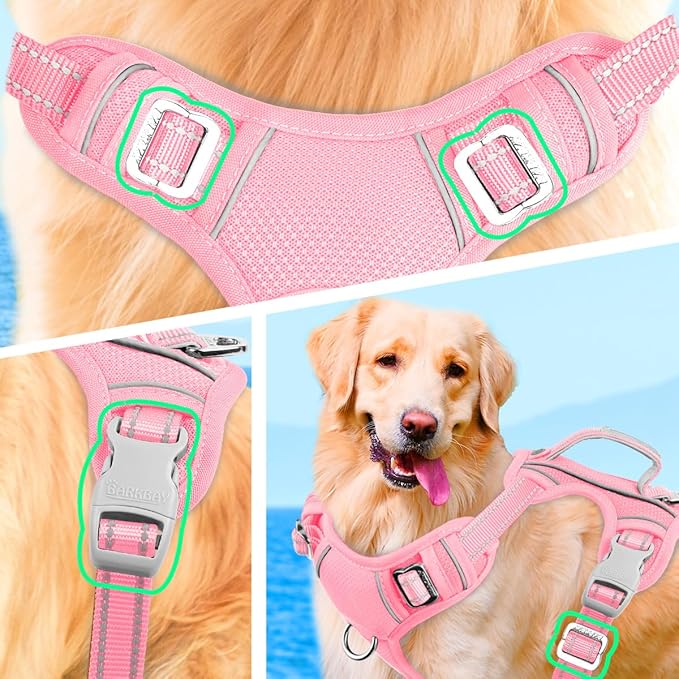 BARKBAY No Pull Dog Harness Large Reflective Dog Harness with Front Clip and Easy Control Handle for Walking Training Running with ID tag Pocket(Baby Pink,S)