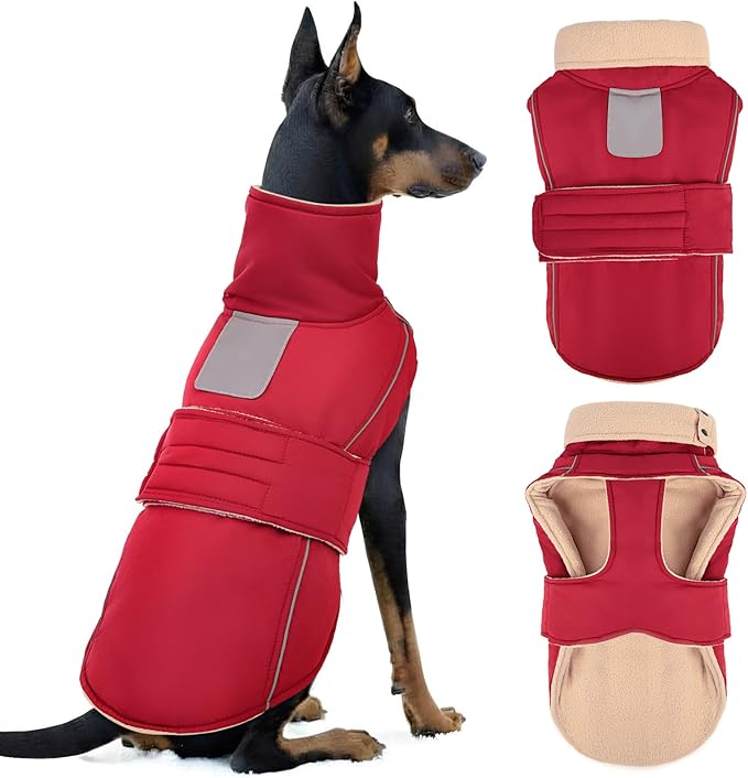ASENKU Dog Coat & Winter Jacket, Warm Dog Coat for Large Dogs with Reflective, Turtleneck with Button, Waterproof Cold Weather Coats (Dark Red, XL)