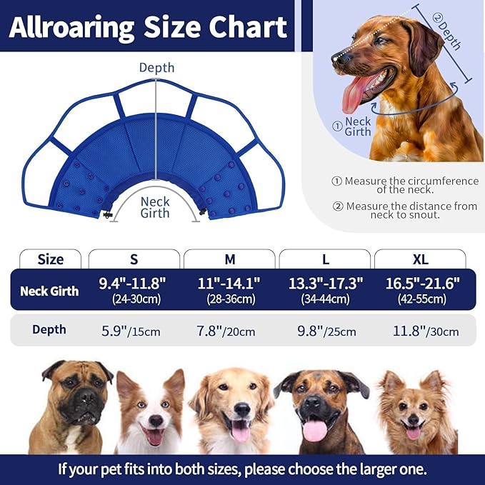 Allroaring Dog Cone Collar After Surgery, Soft Dog Cones for Large Dogs, Breathable Pet Elizabethan Collar Dogs Recovery Cone to Stop Licking Protective Wound Lightweight E-Collar, Blue XL