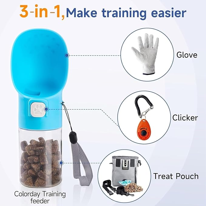 Colorday Handheld Dog Treat Dispenser Built-in Clicker & Treat Pouch, Slow Feeder for Puppy Training Walking Hiking Traveling (6.7 OZ, Blue)