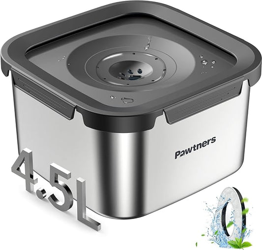 Dog Water Bowl No Spill, 4.5L Stainless Steel Dog Floating Bowl, Slow Water Bowl for Dog with Filter, Non-Slip Base, No Splash Water Bowl for Medium Large Messy Drinkers Grey