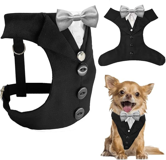 AVERYDAY XS Pet Tuxedo Harness, Wedding Costume Outfit for Small Dogs, Slim Cats and Tiny Pets with 8.3" Neck, 13-14.6" Chest, 10" Max Head Girth, Formal Suit Costume for Mini Breeds