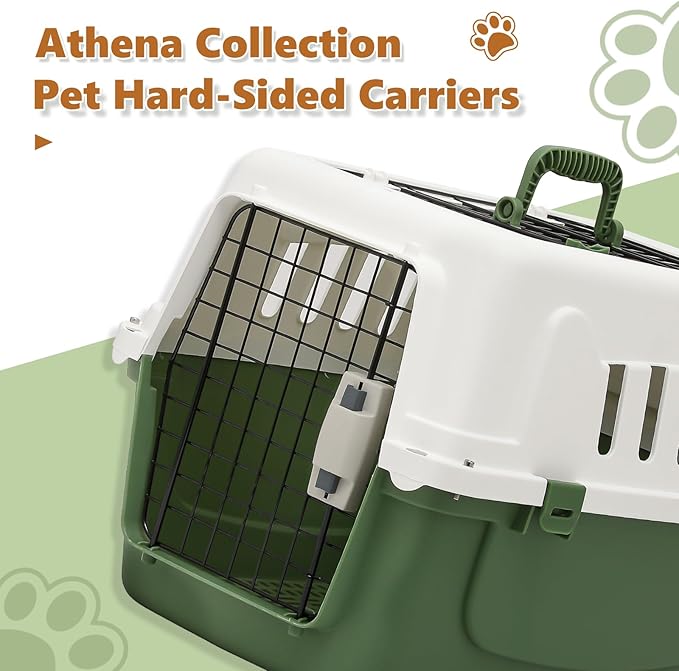 Athena Collection 22" Hard-Sided Travel Pet Carrier for Small Dogs and Cats, Plastic Dog Crate with 2-Door Top & Front Load, Ventilation, Security Lock, Cat Dog Carrier for Pet, up to 22lbs, Green