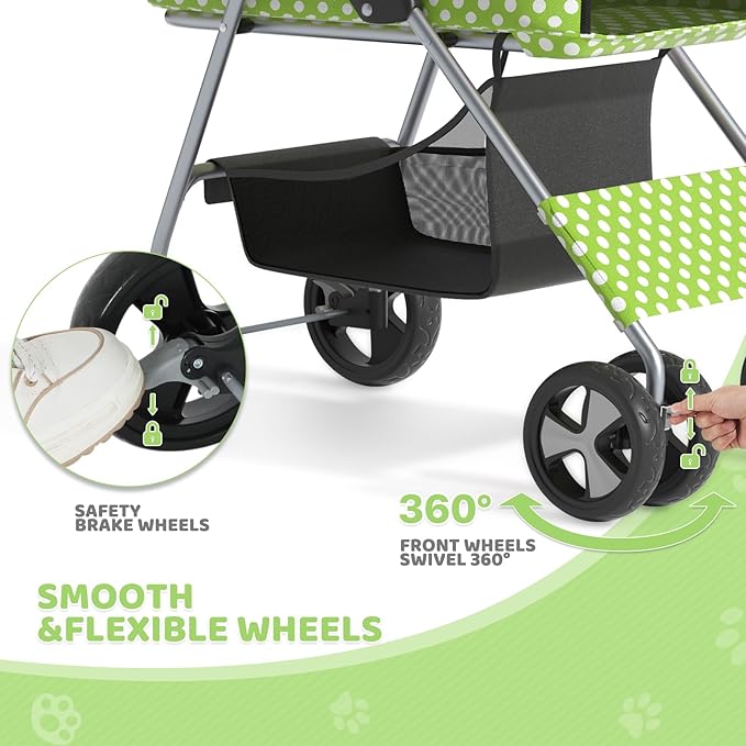 Magshion Foldable Pet Stroller, 3-in-1 Dog Travel Jogger with Detachable Carrier, Cup Holder, Storage Basket, Folding Carrier for Small/Medium Dogs & Cats Up to 33 lbs, Lawn Green Polka Dots