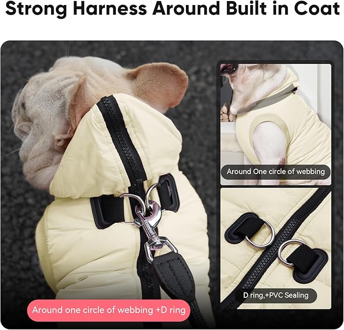 Fleece Lining Dog Hoodie with Harness Built in,Extra Warm Small Dog Jacket in Winter Puppy Coats with Hooded,Light Yellow S