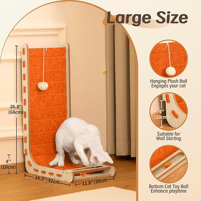 L Shaped Cat Scratcher with Ball Toy Felt Standing Cat Scratching Board for Indoor Cats Adults Vertical Scratch Pad Furniture Protector Kitten Toys 26.8 Inch-Orange