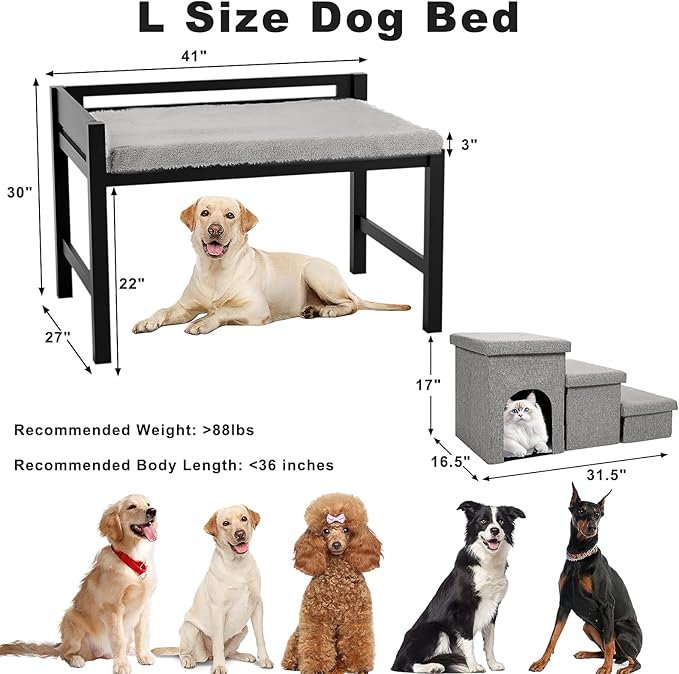 Bedside Dog Bed with Stairs，27×41 Wooden Elevated Dog Bed Cosleeper with Removable Mattress, Foldable 3-Step Stairs & Guardrail, Bassinet-Style Pet Bed for Large Dogs