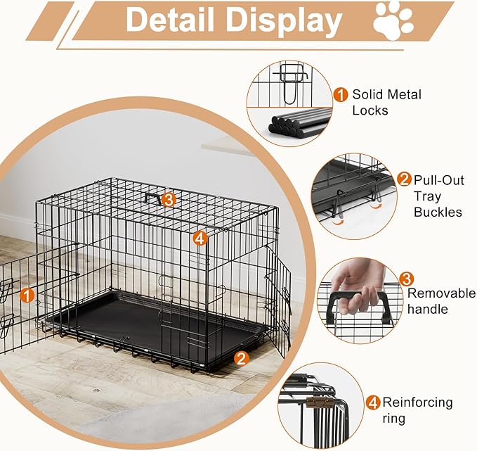 FDW 30inch Dog Crate Pet Cage with Metal Folding Design Plastic Tray Indoor Outdoor Dog Kennel Cage for Small and Medium Dogs,Black