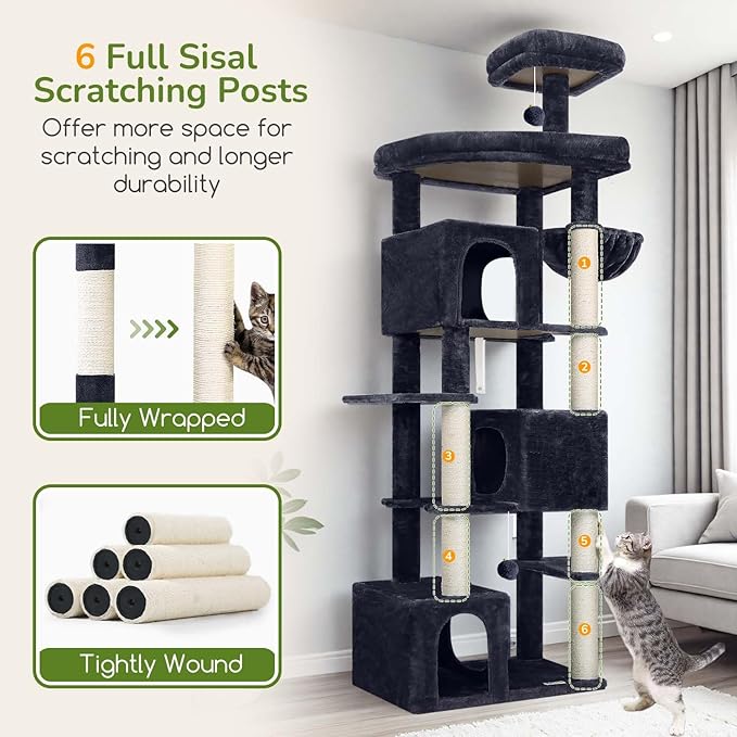 Globlazer Extra Large Cat Tree Tower for Indoor Cats Large Adult, 80in Heavy Duty Cat Tree with 3 Spacious Cat Condos, Oversized Fan-shaped Perch, 6 Full Wrapped Sisal Scratching Posts, S80, Dark Grey