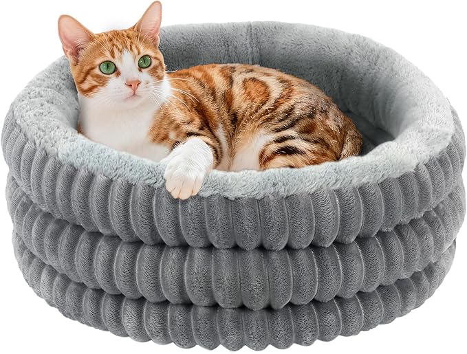 Cat Bed, 20’’ Round Donut Fluffy Cat Beds for Indoor Cats and Small Dogs, Washable Deep Sleep Calming Pet Bed Kitten Bed