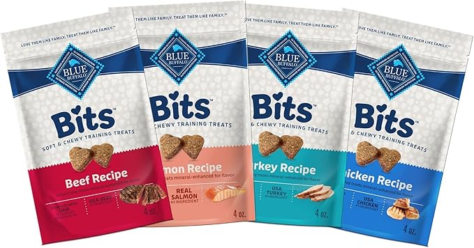 Blue Buffalo Bits Soft Dog Treats for Training, Made With Natural Ingredients & Enhanced with DHA, Beef, Salmon, Turkey, & Chicken 4-oz Variety Pack, 4 ct