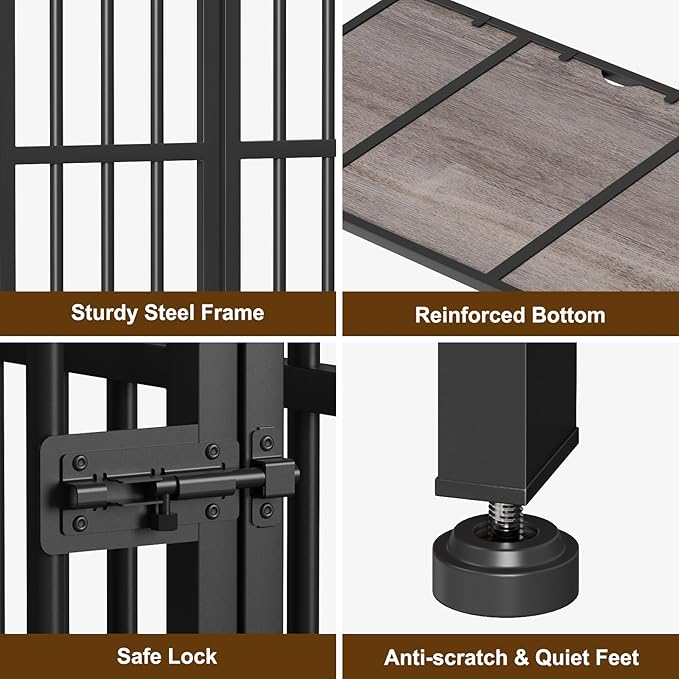 Easycom 41" Dog Crate Furniture Foldable, No Assembly Decorative Dog Kennel Indoor, Dog Crates for Large Dogs(35-60 lb), Wooden Dog Cage with Adjustable Bowls and Name Tag, End Table, Oak Grey