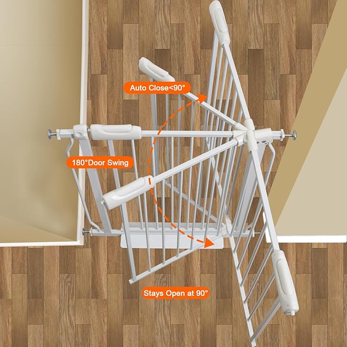 Narrow Baby Gates for Stairs Doorways Auto Close Tension White Metal Child Pet Safety Gates with Pressure Mount 29-34 Inch Wide