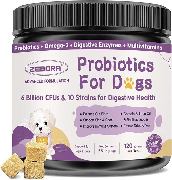 Probiotics for Dogs – 6 Billion CFUs & 10 Strains with Prebiotics, Omega-3, Digestive Enzymes & Multivitamins, Dog Probiotics for Digestive Health, Immune Support, Skin & Coat, 120 Duck Flavor Chews
