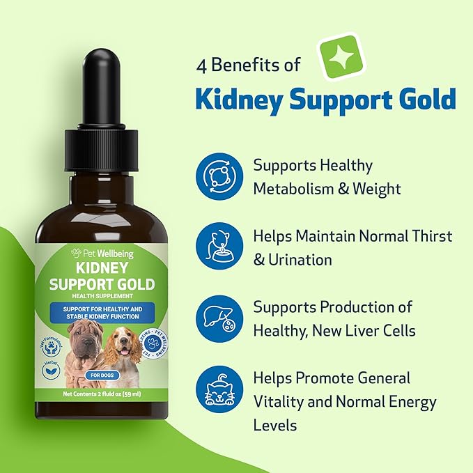 Pet Wellbeing Kidney Support Gold for Dogs - Supports Healthy Kidney Function, Fluid Balance, Energy Levels, Rehmannia, Dong Quai - Veterinarian-Formulated Herbal Supplement 2 oz (59 ml)