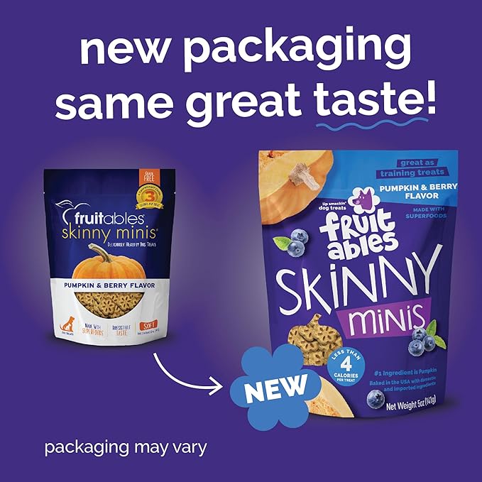 Fruitables Skinny Mini Dog Treats, Healthy Pumpkin Treat for Dogs, Low Calorie & Delicious, Puppy Training, No Wheat, Corn or Soy, Made in the USA, Pumpkin and Berry Flavor, 5oz