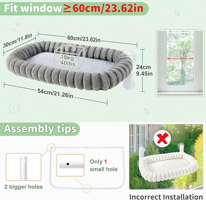 Sunhoo Cat Window Perch Bed Foldable Kitty Windowsill Hammock Shelf Seat Large Cats Suction Cup Indoor Kitten Window Sill Lounger with Soft Plush Cushion Machine Washable 21.26 * 11.8in (Grey，M)