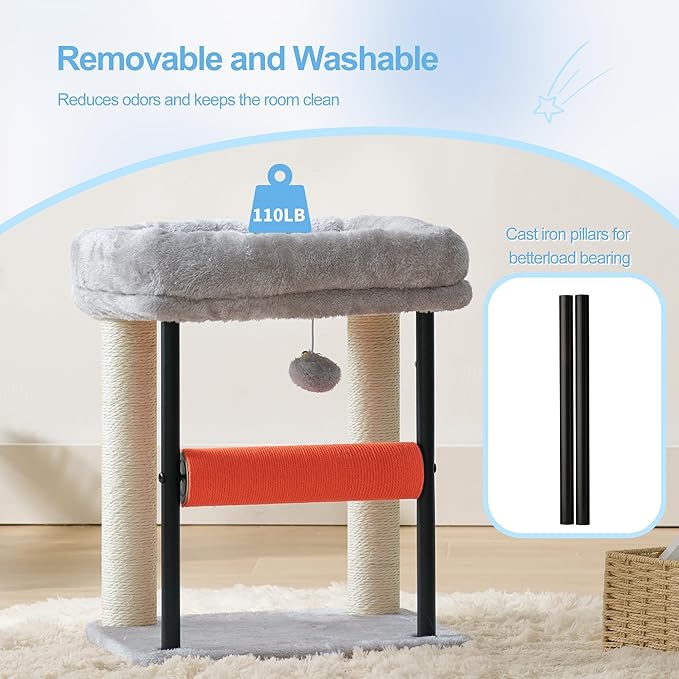 Hey-brother Cat Tree, Cat Scratching Posts with Bed, Sturdy Tower with Fully Sisal-Wrapped Columns and Plush Toy Ball for Indoor Kittens, 18.9 inches, Light Gray MPJ010SW