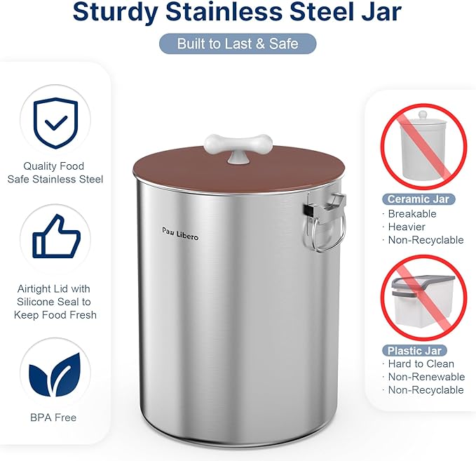 25 Lbs Stainless Steel Dog Food Storage Container with Airtight Lid & Ceramic Bone Handle, Large Metal Dog Food Bin for Dogs & Cats, Keep Fresh, Easy to Clean