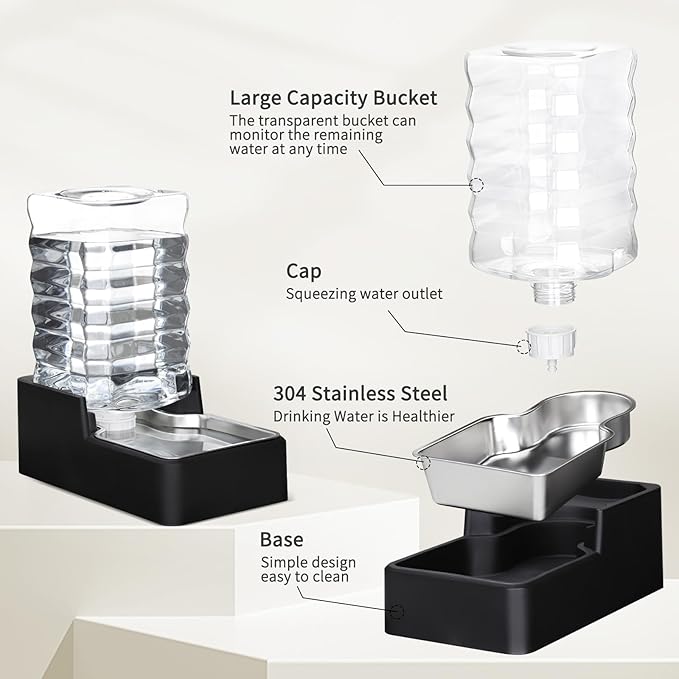 RIZZARI Stainless Steel Pet Water Feeder: 8.5L Black Automatic Leak-Proof Gravity Dispenser for 30-60 LB Dogs with Arthritis - Without Filter - Ideal for Garage Living Room