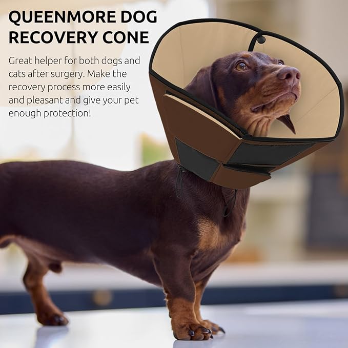Queenmore Dog Cones for Small Dogs, Soft Cone for Dogs After Surgery, Adjustable Comfy Cone for Dogs & Cats, Comfortable Pet Cone After Surgery for Wound Healing, Brown S