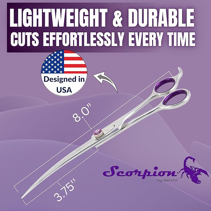 Kenchii Scorpion 8 Inch, Curved Grooming Scissors for Dogs and Pets - Premium Steel Scissors for Dog Grooming - Dog Shears Pet Grooming Accessories - Pet Hair Trimming Scissor