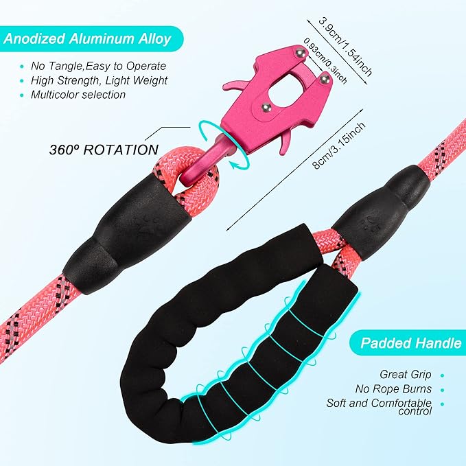 GEIT 2/4/5/6FT Dog Leash, Heavy Duty Rope Leashes, Reflective Nylon Pet Lead with Aluminum Quick Release/Locking Tactical Frog Clip for Small Medium and Large Dogs, Pink, 1/2 inch