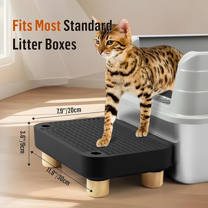 Cat Litter Box Step Ramp, Cat Litter Catcher Mat with Wooden Feet, Filter Function, Pedal Stool for Self-Cleaning Litter Box, Ideal for Kitten & Elderly Cats (Black)