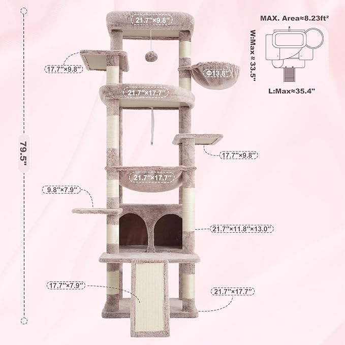 Heybly Tall Cat Tree for Large Cat, 80-inch Multi-Level Cat Tower for Indoor Cats with Large Baseboard, Condo Furniture with 2 Widened Plush Perches,Scratching Board and Big Caves, Muchroom HCT038MU