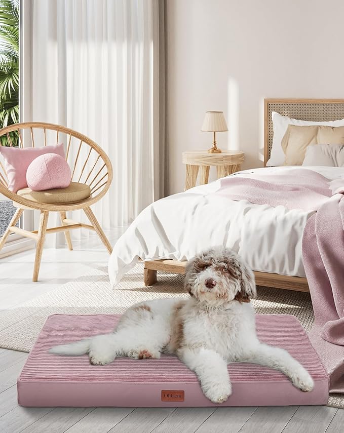 OhGeni Orthopedic Waterproof & Machine Washable Dog Bed for Medium Large Pets, Suitable for Crates, 25D Egg Crate Foam, Non-Slip Bottom & Removable Cover, 35 Inches(Pink)