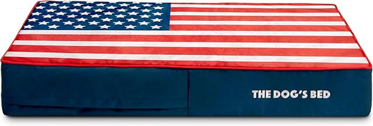 The Dog’s Bed Orthopedic Memory Foam Dog Bed, Large Blue & Red Trim USA Center Flag 40x25,Pain Relief for Arthritis, Hip & Elbow Dysplasia, Post Surgery, Supportive, Calming, Waterproof Washable