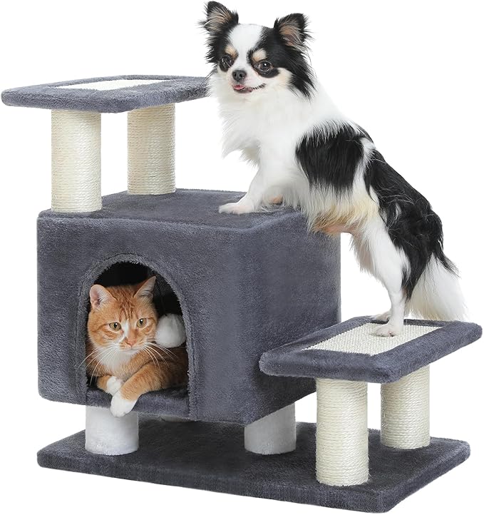 3-in-1 Dog Stairs & Cat Scratching Post with Condo, Pet Steps for High Bed, Sofa, Couch, Tall Cat Tower, High-Strength Board for Indoor Small Cats Kittens Dogs Climbing Playing, 3 Steps-Dark Grey