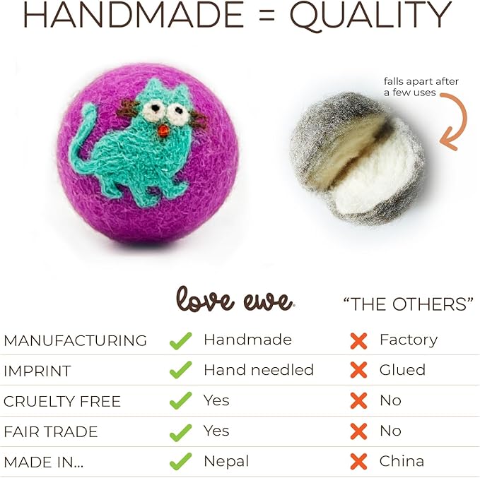 Wool Felt Balls 3 Pack Love Ewe Pet Supplies - 2 in Felted Wool Cat Toys 100% New Zealand Wools Felt Cat Toys Handmade Wools Felts Balls - Cats Felts Ball, Colorful Ball - Cats and Mouse
