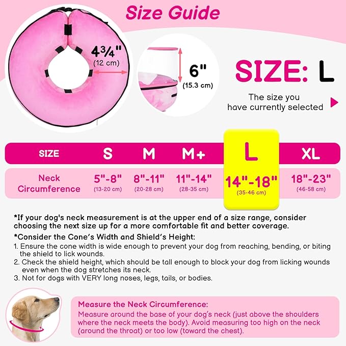 BARKLESS Inflatable Dog Cone, Protective Dog Surgery Collar to Stop Licking Biting Wounds, Patented Soft Donut Cone with Clear Shield, Adjustable Blow-up Collar for Surgery Recovery (Pink, L)
