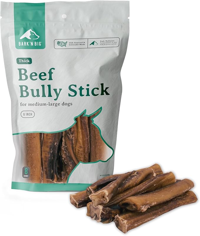 BARK'N BIG Thick 6 Inch Odor Free Bully Sticks for Dogs Made in USA - Single Ingredient Dog Chew - Premium Pizzle Sticks - Beef Pizzles for Small and Medium Breeds - 8 Count