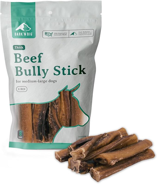 BARK'N BIG Thick 6 Inch Odor Free Bully Sticks for Dogs Made in USA - Single Ingredient Dog Chew - Premium Pizzle Sticks - Beef Pizzles for Small and Medium Breeds - 8 Count