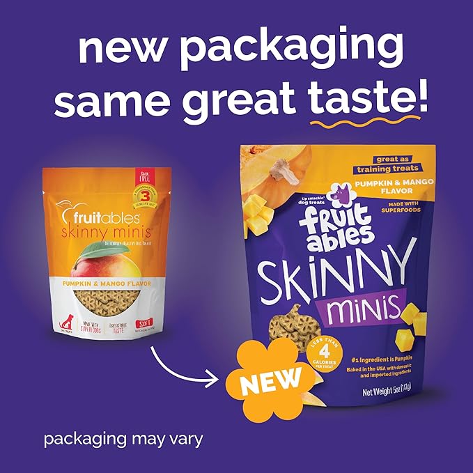 Fruitables Skinny Mini Dog Treats, Healthy Pumpkin Treat for Dogs, Low Calorie & Delicious, Puppy Training, Free of Wheat, Corn and Soy, Made in the USA, Pumpkin and Mango Flavor, 5oz