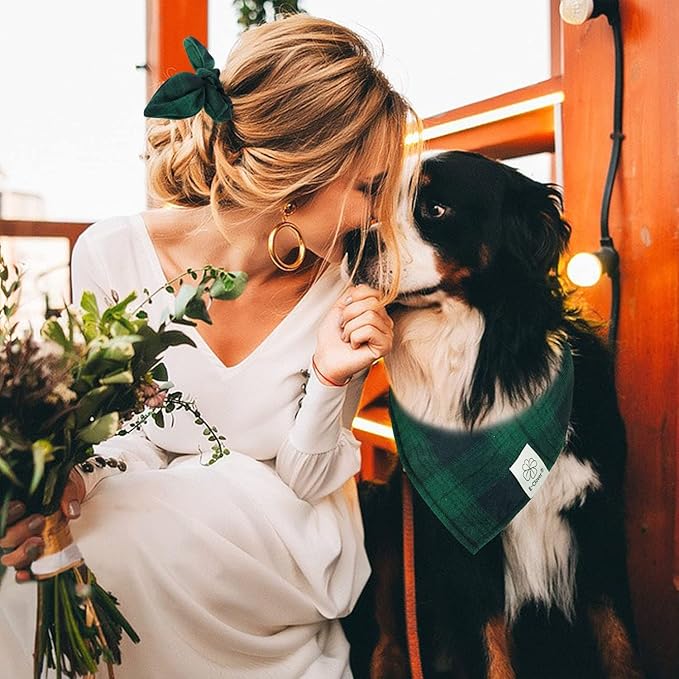 E-Clover Christmas Dog Bandanas Boy & Matching Scrunchie Set Plaid Dog Bibs Scarf Triangle Kerchief Bandana for Medium Large Dogs Birthday Gifts Pet Owner Mom Green Winter