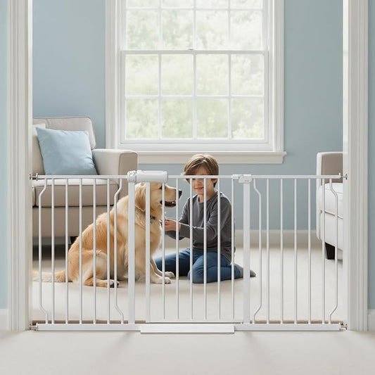 57.5"-62" Extra Wide Auto Closing Baby Safety Gate for Stairs & Doorways, Pressure Mounted No Drill Pet Gate with Walk-Through Door - Heavy Duty Childproof Gate for Toddlers, Kids, Dogs (White)