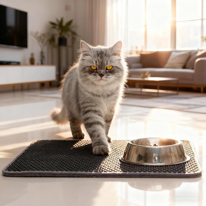 Cat Litter Mat Cat Litter Trapping Mat, 24 x 18 inch Honeycomb Double Layer Design, Urine and Water Proof Material, Scatter Control, Less Waste, Easier to Clean, Washable Gray