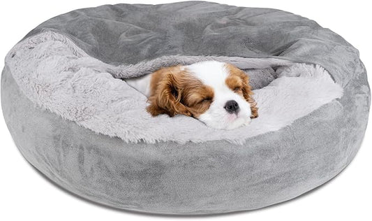 Pet Soft Small Dog Bed Cat Bed with Cover Cave - Round Calming Dog Beds Washable Cuddler Puppy Beds for Small, Medium Dogs and Cats (Grey, 24")