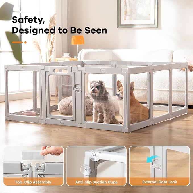 Clear Acrylic Dog Playpen Indoor, Puppy Cat Small Pet Play Pen, Pet Cat Foldable Playpen for Rabbits, Dog Fence Crate Kennel Whelping Cage (Grey, 12 Panel)
