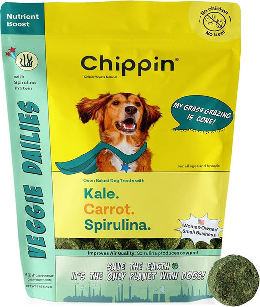 Chippin Natural Dog Treat, Spirulina, Kale Carrots, Healthy Meal Topper, Crunchy Vegan Dog Biscuit for Puppies, Seniors, Stops Grass Eating, Hypoallergenic, Gift, Sustainable Product