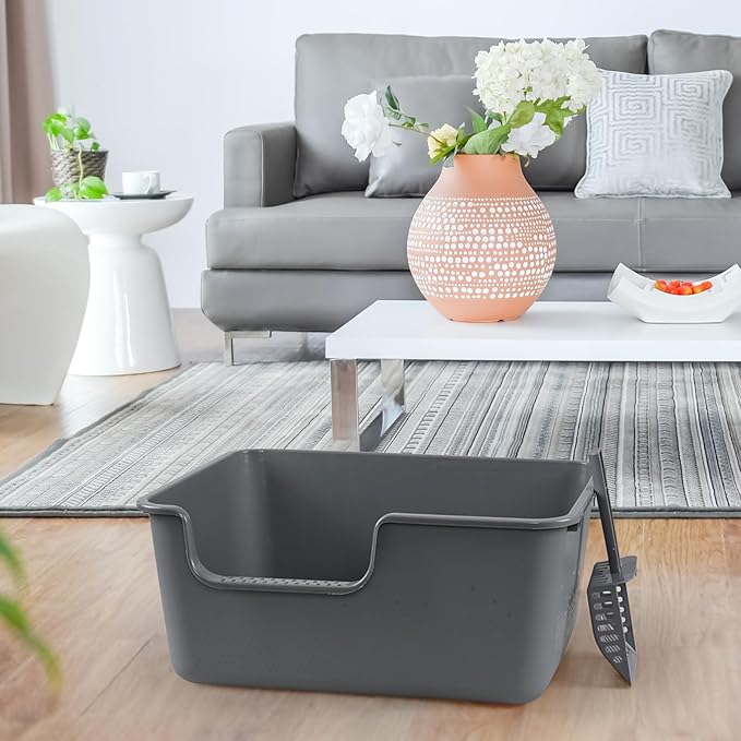 4 Packs Plastic High Wall Cat Litter Box with Scoop, Open Top Cat Litter Basin, Gray