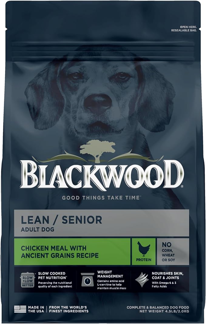 Blackwood Lean/Senior Dry Dog Food, Chicken Meal with Ancient Grains, 4.5 Pound Bag for Weight Management and Muscle Mass Maintenance