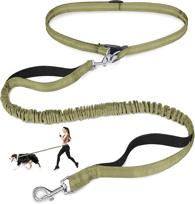 Hands Free Dog Leash, Adjustable Waist Leash for Dog, Handle Bungee 4.2-6.7 Feet Long with Reflective Stitches for Walking Hiking Running, Fits 26"- 47" Waist, Army Green