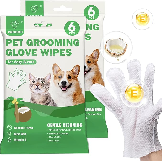 Vannon Extra Thick Pet Bathing Wipes for Dogs & Cats, Cleaning & Odor-Controlling Grooming Gloves, Nourish Fur Glove Wipes for Daily Care and Traveling, Rinse Free, Coconut Scent, 2 Pack, 12 PCS