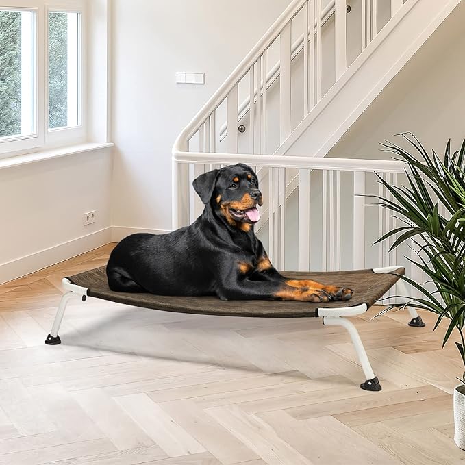 Veehoo Elevated Dog Bed for Outdoor, Cooling Waterproof Raised Dog Cots Beds XL, Curved Off Ground Pet Hammock Cot Lifted for Outside, up to 150lbs, White Legs, Brown 49"